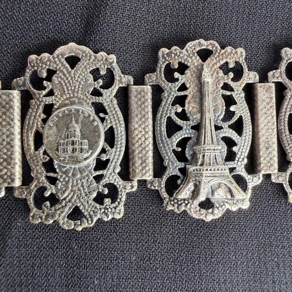 Vintage Paris France Souvenir Panel Bracelet Eiffel Tower Notre Dame Silver Tone